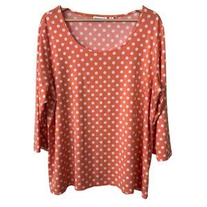 Susan‎ Graver XL Liquid Knit Peach Polka Dot Scoop Neck 3/4 Sleeve Top Blouse
